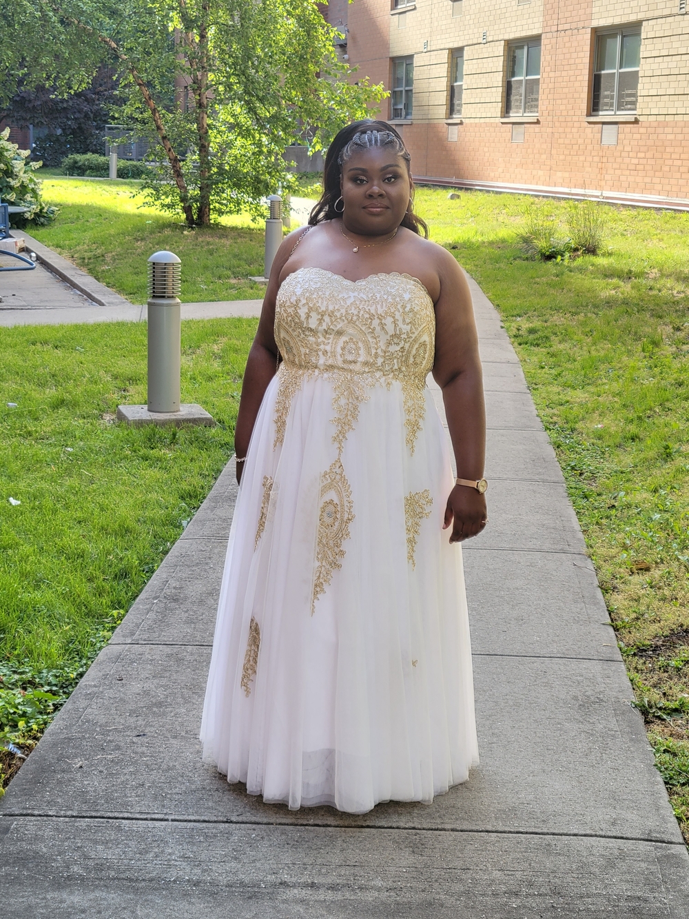 Strapless White Tulle Prom Dress with Gold Embellishment - 20W